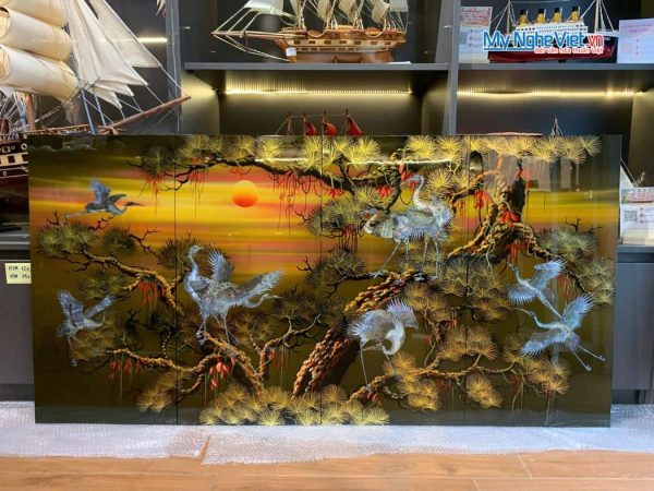 Bộ tranh sơn mài đàn hạc tiên cò nâu cao cấp