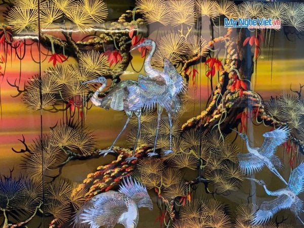 Bộ tranh sơn mài đàn hạc tiên cò nâu cao cấp