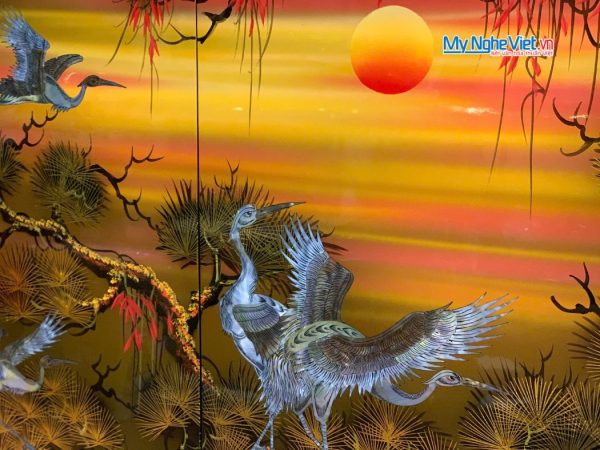 Bộ tranh sơn mài đàn hạc tiên cò nâu cao cấp