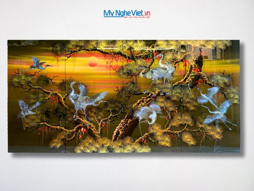 Bộ tranh sơn mài đàn hạc tiên cò nâu cao cấp