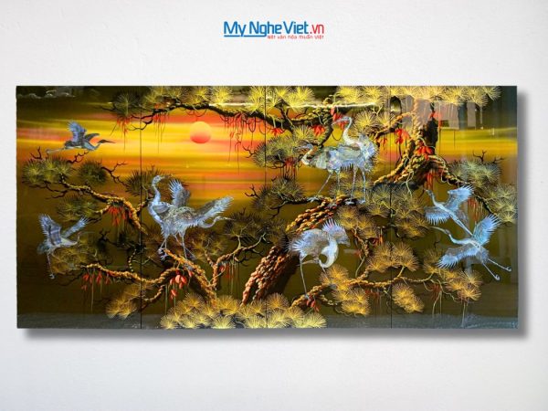 Bộ tranh sơn mài đàn hạc tiên cò nâu cao cấp
