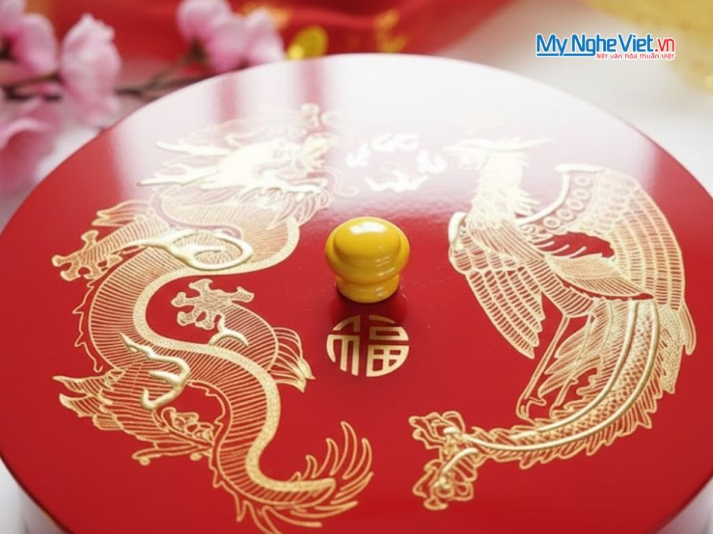 Hộp Mứt Tết Sơn Mài Tròn 4 Mgăn Nền Đỏ Vẽ Rồng Phụng
