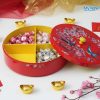 Hộp Mứt Tết Sơn Mài Tròn 4 Ngăn Vẽ Én Nền Đỏ Cẩn Ốc