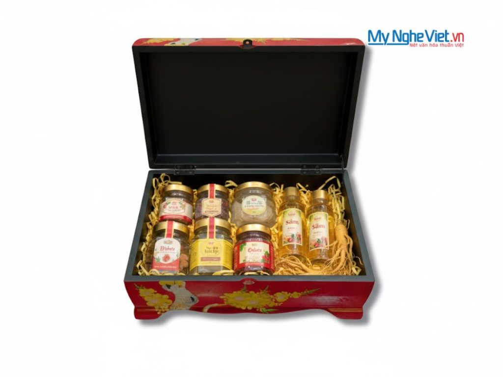 Hộp đựng quà tết cao cấp họa tiết mai vàng nền đỏ