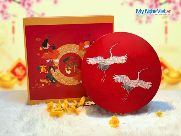 Hộp Mứt Tết Sơn Mài Song Hạc Cát Tường 5 Ngăn Nền Đỏ