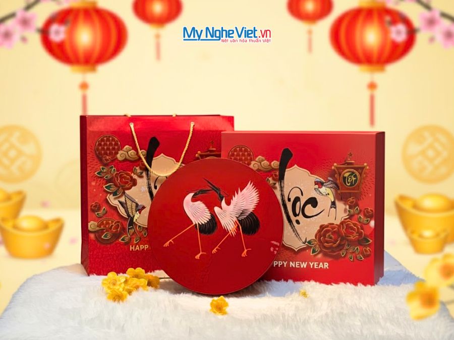 Hộp Mứt Tết Sơn Mài Song Hạc Cát Tường 5 Ngăn Nền Đỏ