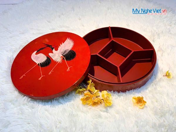 Hộp Mứt Tết Sơn Mài Song Hạc Cát Tường 5 Ngăn Nền Đỏ