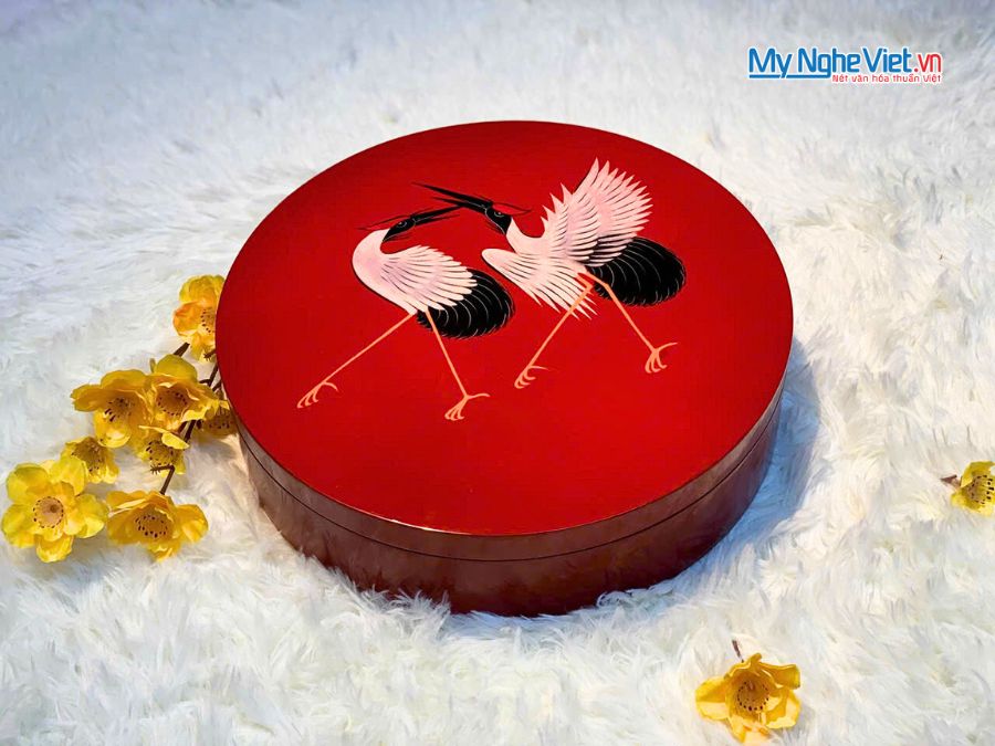 Hộp Mứt Tết Sơn Mài Song Hạc Cát Tường 5 Ngăn Nền Đỏ