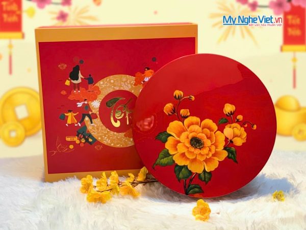 Hộp Mứt Tết Sơn Mài Mẫu Đơn Vinh Hoa 5 Ngăn Nền Đỏ