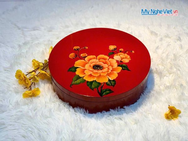 Hộp Mứt Tết Sơn Mài Mẫu Đơn Vinh Hoa 5 Ngăn Nền Đỏ
