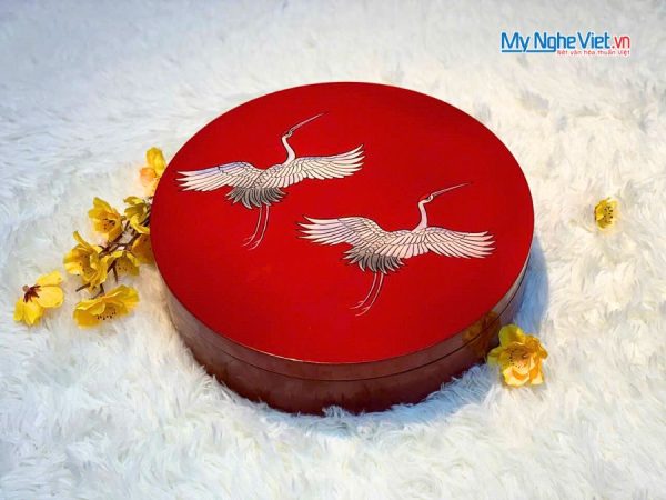 Hộp Mứt Tết Sơn Mài Song Hạc Cát Tường 5 Ngăn Nền Đỏ