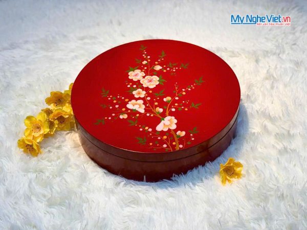 Hộp Mứt Tết Sơn Mài Mai Đào Tụ Lộc 5 Ngăn Nền Đỏ