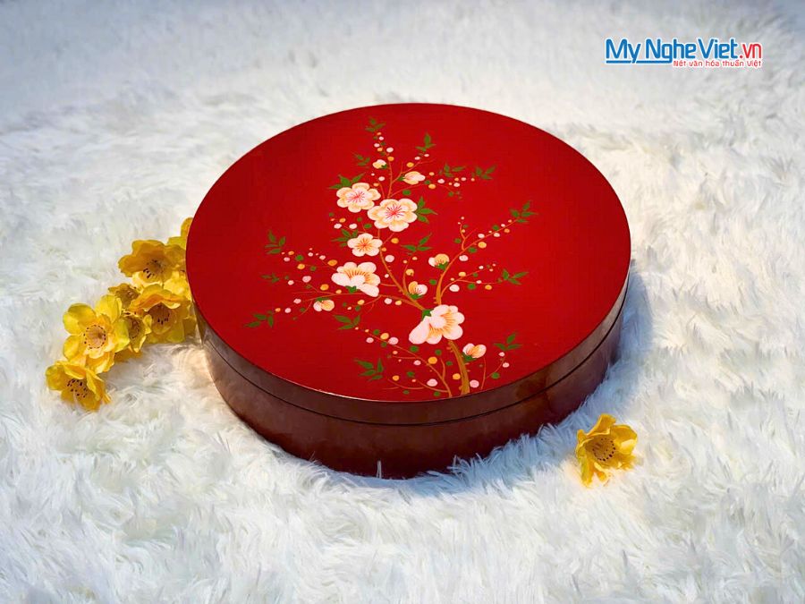 Hộp Mứt Tết Sơn Mài Mai Đào Tụ Lộc 5 Ngăn Nền Đỏ