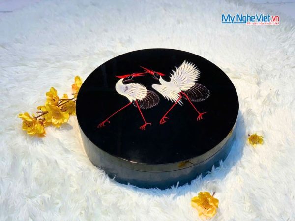 Hộp Mứt Tết Sơn Mài Song Hạc Cát Tường 5 Ngăn Nền Đen Hộp Xanh