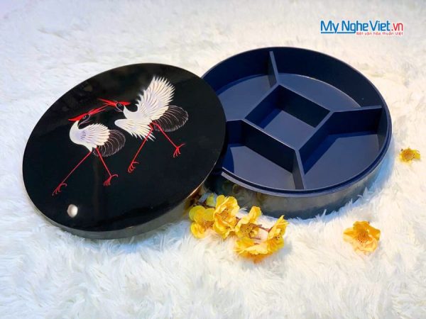 Hộp Mứt Tết Sơn Mài Song Hạc Cát Tường 5 Ngăn Nền Đen Hộp Xanh