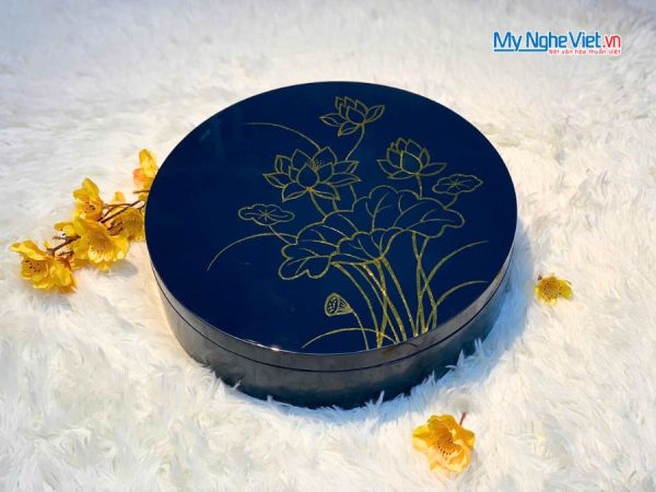 Hộp Mứt Tết Sơn Mài Tịnh Sen Vàng 5 Ngăn Nền Xanh