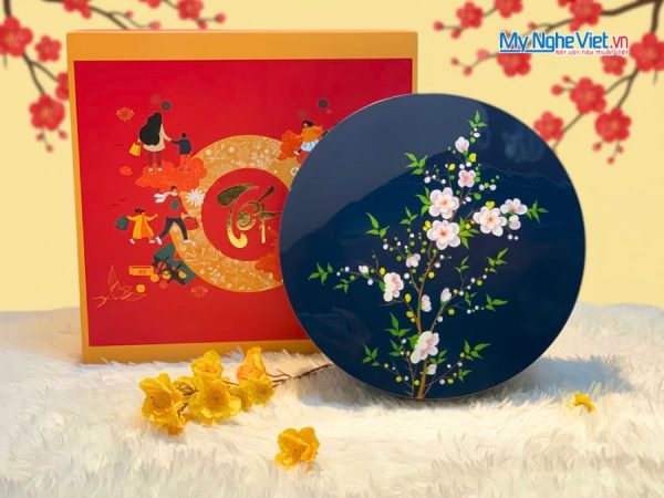 Hộp Mứt Tết Sơn Mài Mai Khai Phú Quý 5 Ngăn Nền Xanh