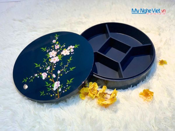 Hộp Mứt Tết Sơn Mài Mai Khai Phú Quý 5 Ngăn Nền Xanh