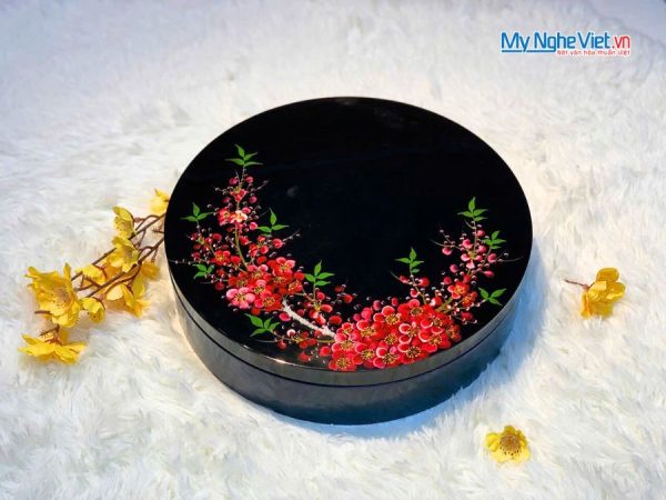 Hộp Mứt Tết Sơn Mài Mai Đỏ Đón Xuân 5 Ngăn Nền Đen Hộp Xanh