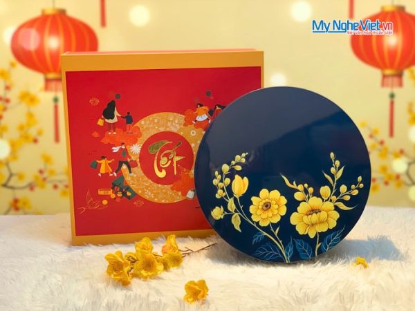 Hộp Mứt Tết Sơn Mài Mẫu Đơn Vinh Hoa 5 Ngăn Nền Xanh