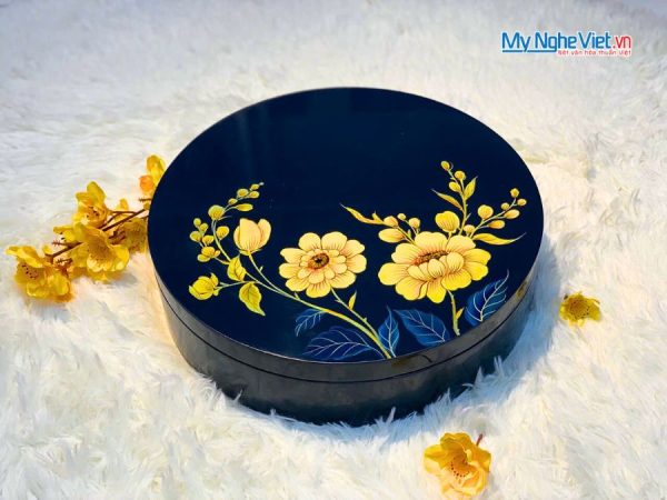 Hộp Mứt Tết Sơn Mài Mẫu Đơn Vinh Hoa 5 Ngăn Nền Xanh