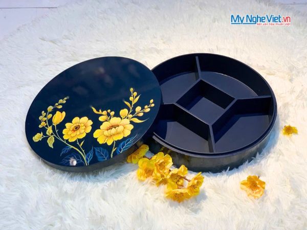 Hộp Mứt Tết Sơn Mài Mẫu Đơn Vinh Hoa 5 Ngăn Nền Xanh