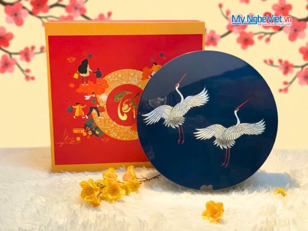 Hộp Mứt Tết Sơn Mài Song Hạc Cát Tường 5 Ngăn Nền Xanh