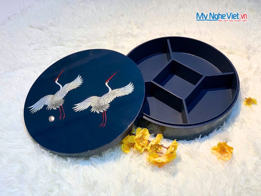 Hộp Mứt Tết Sơn Mài Song Hạc Cát Tường 5 Ngăn Nền Xanh