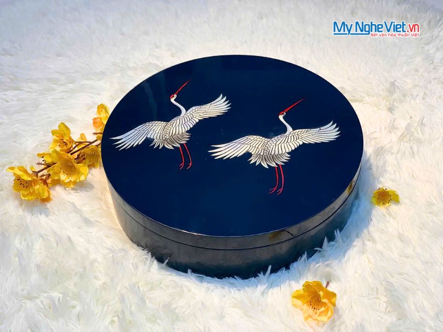 Hộp Mứt Tết Sơn Mài Song Hạc Cát Tường 5 Ngăn Nền Xanh