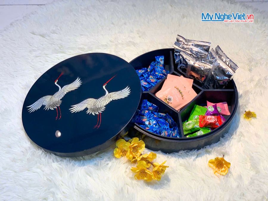 Hộp Mứt Tết Sơn Mài Song Hạc Cát Tường 5 Ngăn Nền Xanh