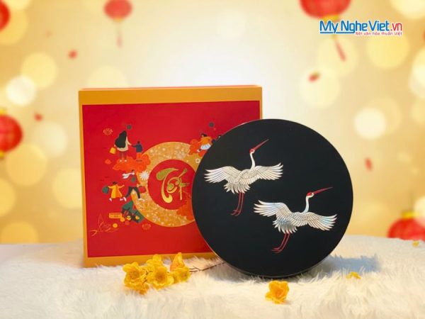 Hộp Mứt Tết Sơn Mài Song Hạc Cát Tường 5 Ngăn Nền Đen Hộp Xanh