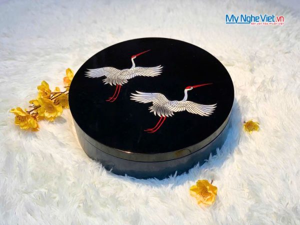 Hộp Mứt Tết Sơn Mài Song Hạc Cát Tường 5 Ngăn Nền Đen Hộp Xanh