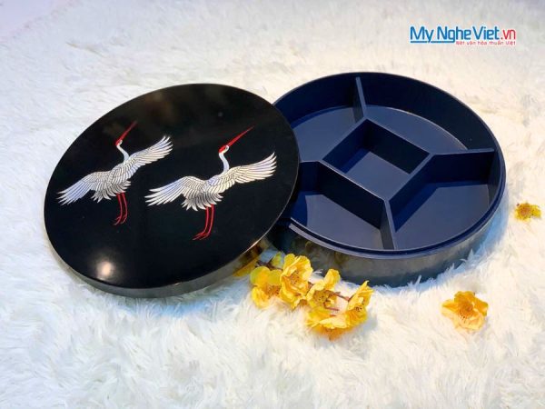 Hộp Mứt Tết Sơn Mài Song Hạc Cát Tường 5 Ngăn Nền Đen Hộp Xanh