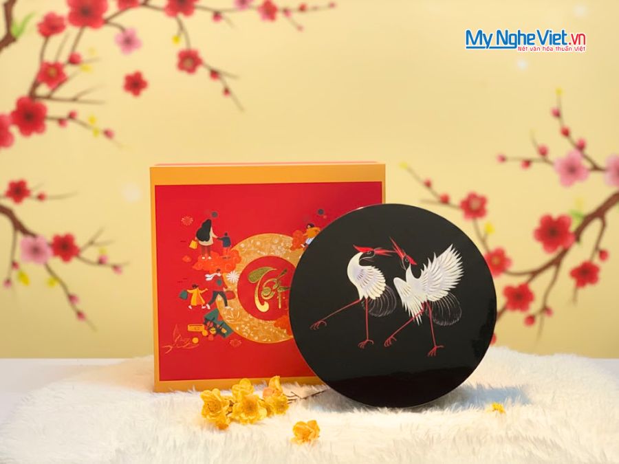 Hộp Mứt Tết Sơn Mài Song Hạc Cát Tường 5 Ngăn Nền Đen Hộp Xanh