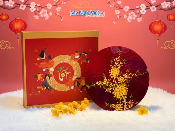 Hộp Mứt Tết Sơn Mài Mai Vàng Phú Quý 5 Ngăn Dát Lá Vàng
