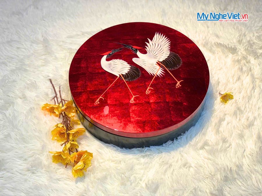 Hộp Mứt Tết Sơn Mài Đôi Hạc Uyên Ương 5 Ngăn Dát Lá Vàng