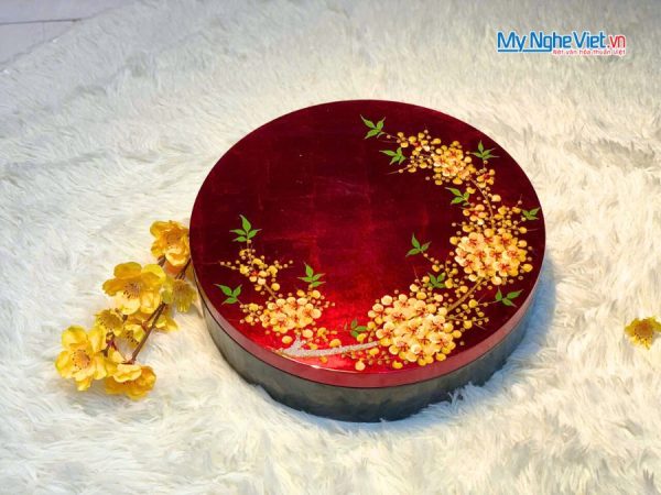 Hộp Mứt Tết Sơn Mài Mai Vàng Sum Vầy 5 Ngăn Dát Lá Vàng