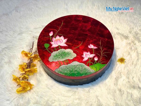 Hộp Mứt Tết Sơn Mài Sen Hồng Thanh Khiết 5 Ngăn Dát Lá Vàng