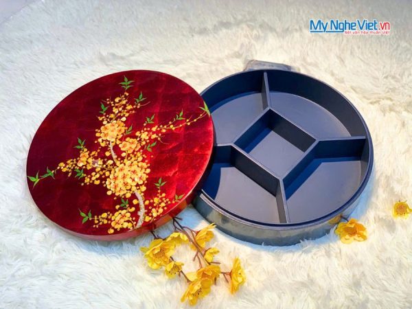 Hộp Mứt Tết Sơn Mài Mai Vàng Phú Quý 5 Ngăn Dát Lá Vàng