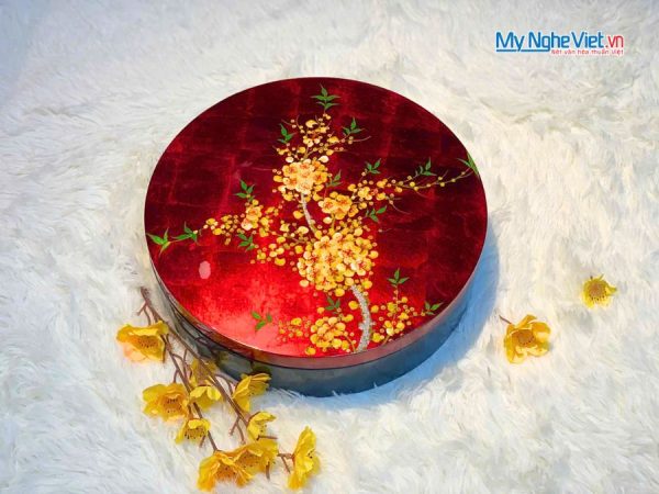 Hộp Mứt Tết Sơn Mài Mai Vàng Phú Quý 5 Ngăn Dát Lá Vàng