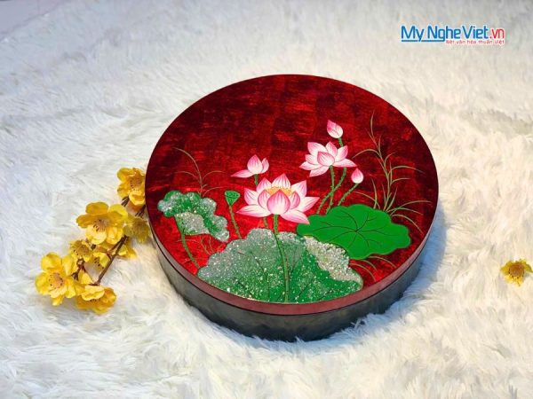 Hộp Mứt Tết Sơn Mài Sen Hồng Thanh Khiết 5 Ngăn Dát Lá Vàng