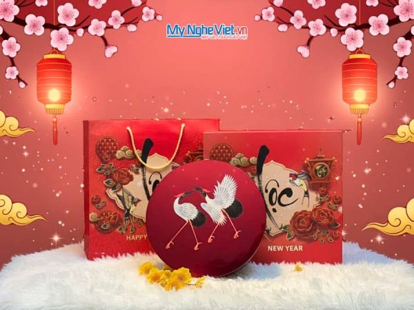 Hộp Mứt Tết Sơn Mài Đôi Hạc Uyên Ương 5 Ngăn Dát Lá Vàng