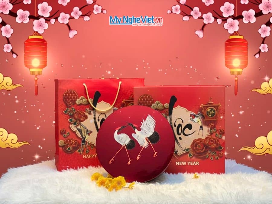 Hộp Mứt Tết Sơn Mài Đôi Hạc Uyên Ương 5 Ngăn Dát Lá Vàng