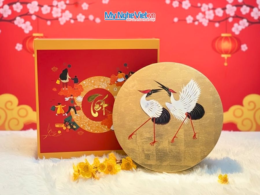 Hộp Mứt Tết Sơn Mài Song Hạc Cát Tường 5 Ngăn Dát Lá Vàng