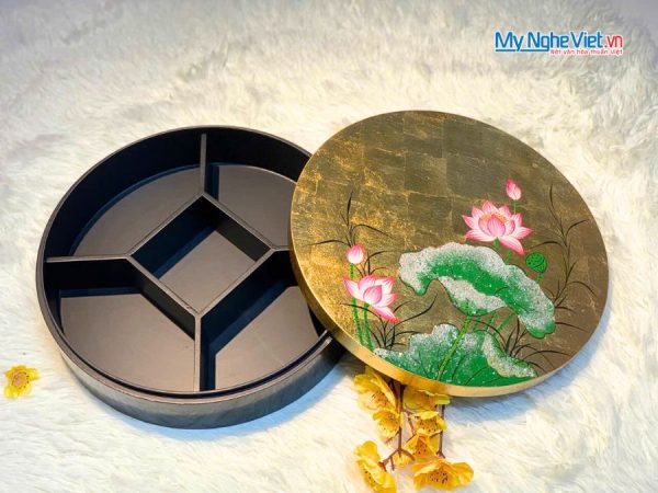 Hộp Mứt Tết Sơn Mài Ngọc Sen An Lành 5 Ngăn Dát Lá Vàng