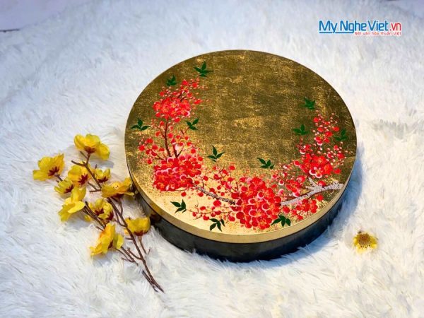 Hộp Mứt Tết Sơn Mài Mai Đỏ Đón Xuân 5 Ngăn Dát Lá Vàng