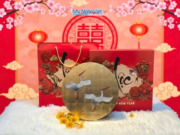 Hộp Mứt Tết Sơn Mài Song Hạc Cát Tường 5 Ngăn Dát Lá Vàng