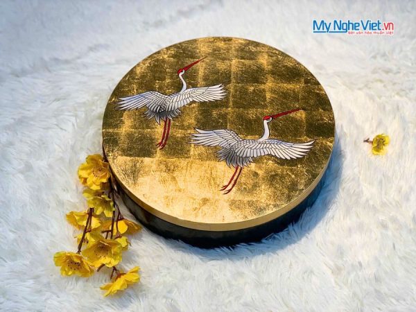 Hộp Mứt Tết Sơn Mài Song Hạc Cát Tường 5 Ngăn Dát Lá Vàng