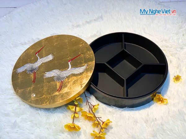 Hộp Mứt Tết Sơn Mài Song Hạc Cát Tường 5 Ngăn Dát Lá Vàng