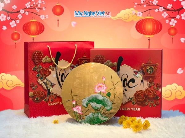 Hộp Mứt Tết Sơn Mài Ngọc Sen An Lành 5 Ngăn Dát Lá Vàng